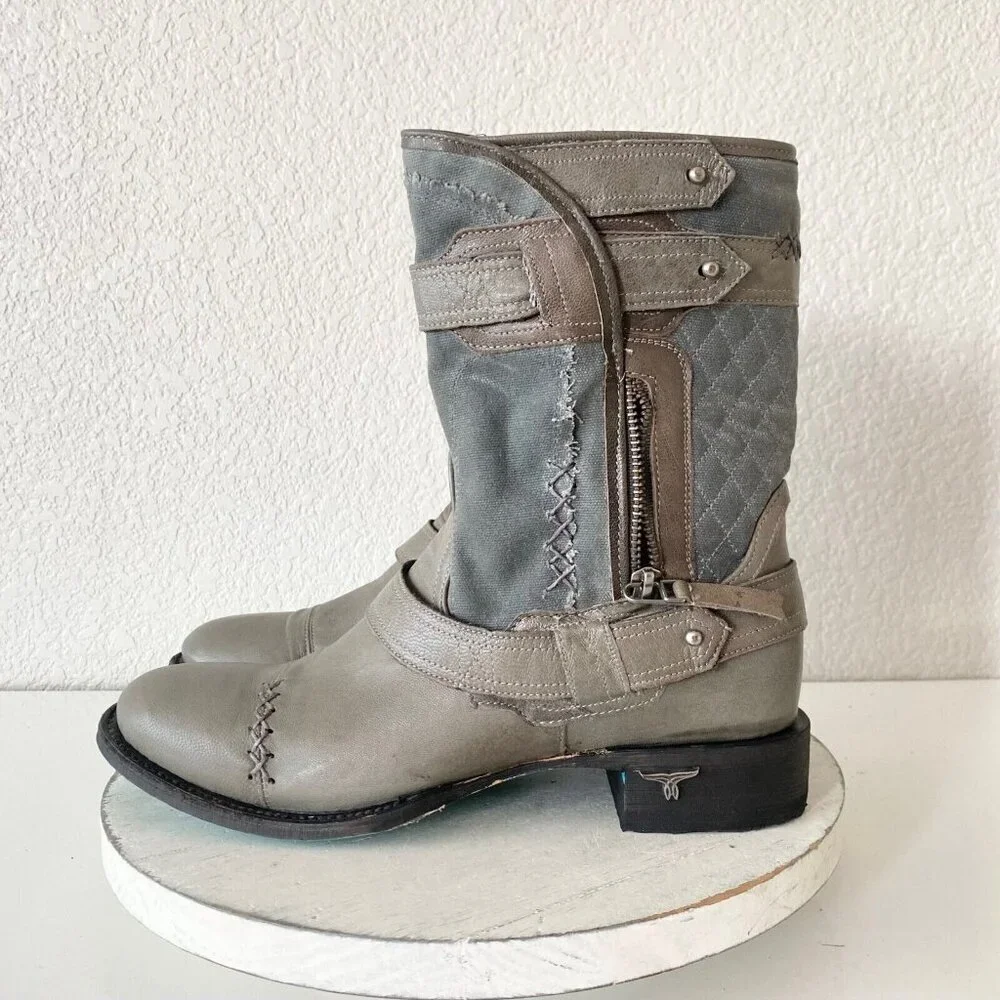 NEW Lane Womens Gray Quilted Mid-Calf Boots With Zipper & Buckle Accents Size 9
